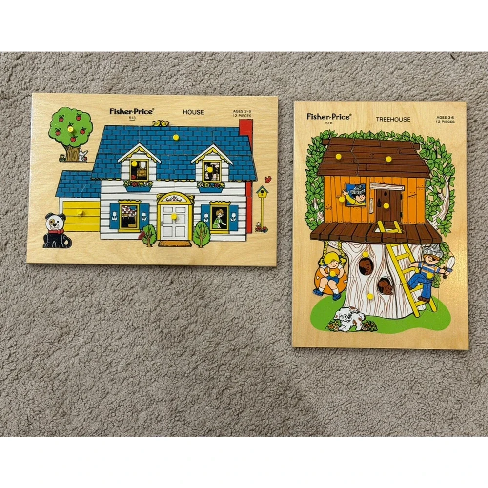 Fisher-Price Wooden Peg Puzzles Lot 1970s Vintage House & Treehouse #513 #518